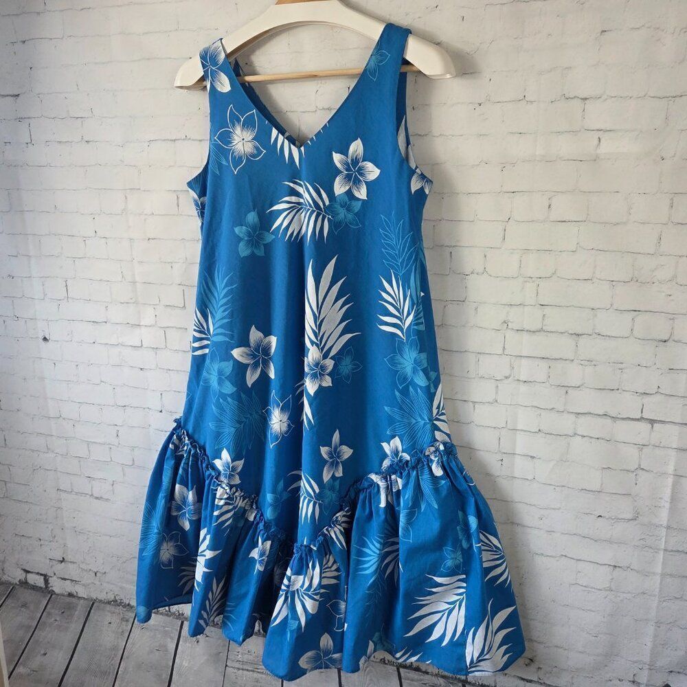 Royal Creations Hawaiian Dress Size S Blue Floral Ruffle V-Neck Vintage Hawaii - Picture 2 of 8